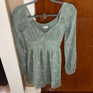 Hollister Smocked Waist Sage Green Floral Long-Sleeve Dress